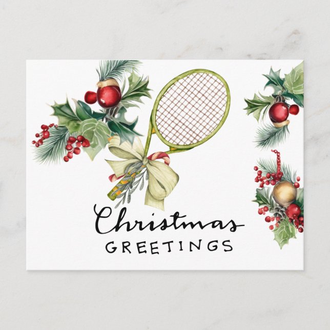 Tennis Christmas with Racket  watercolor Holiday Postcard (Front)