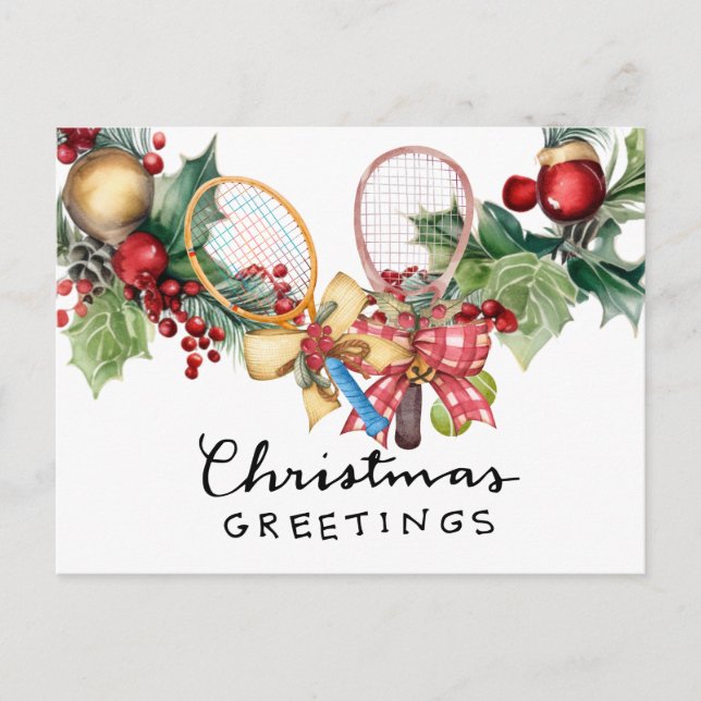 Tennis Christmas with Racket  watercolor Holiday Postcard (Front)