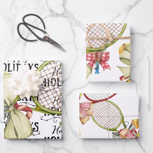 Tennis Christmas with Racket  watercolor Wrapping Paper Sheet (Front)