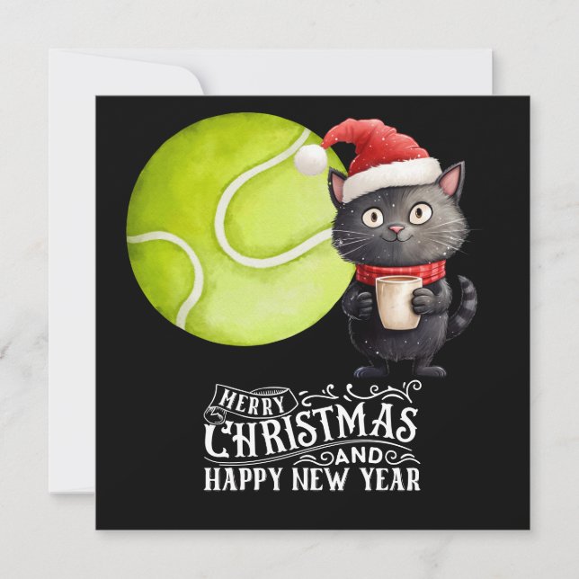 Tennis Christmas with Santa Cat  Holiday Card (Front)