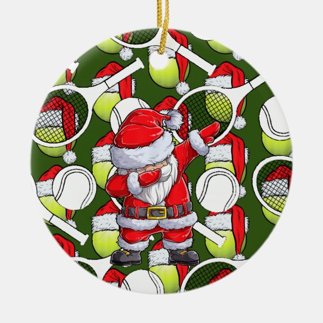 Tennis  Christmas with Santa Claus and racket  Ceramic Tree Decoration (Front)