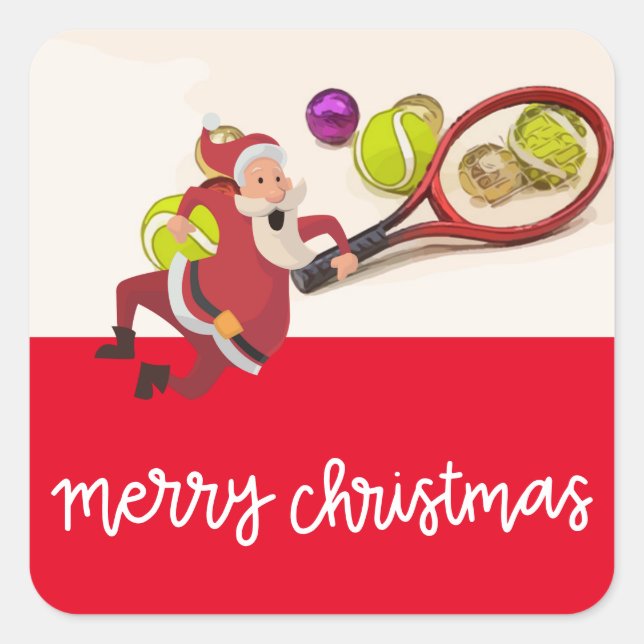 Tennis Christmas with Santa Claus Ball Racket Red  Square Sticker (Front)