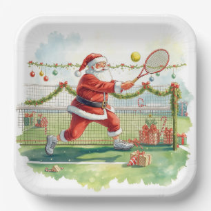 Tennis Christmas with Santa Claus on Balls Party Paper Plate