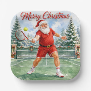Tennis Christmas with Santa Claus on Balls Party Paper Plate
