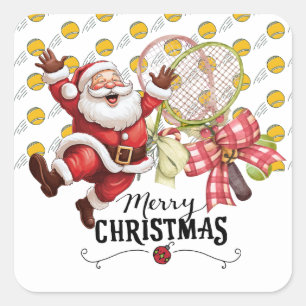 Tennis Christmas with Santa Claus on Balls Square Sticker