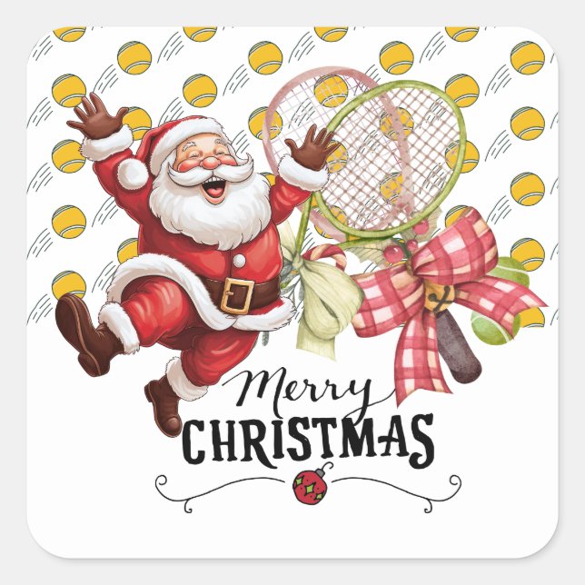 Tennis Christmas with Santa Claus on Balls Square Sticker (Front)