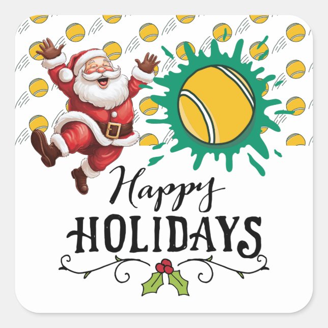Tennis Christmas with Santa Claus on Balls Square Sticker (Front)