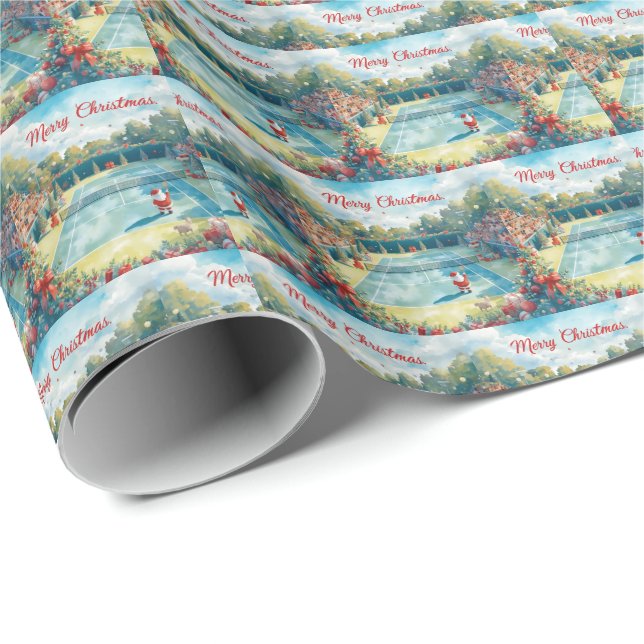 Tennis Christmas with Santa Claus serving on court Wrapping Paper (Roll Corner)