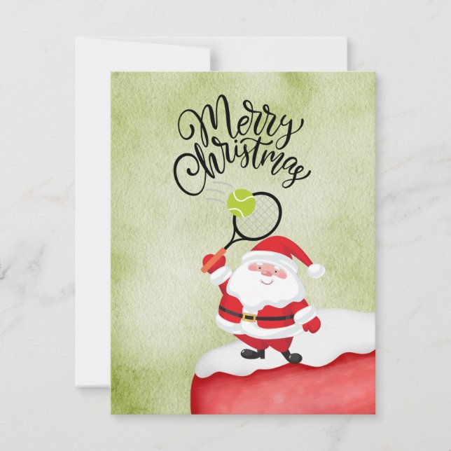Tennis Christmas with Santa Claus  watercolor Holiday Card (Front)