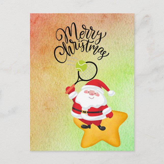 Tennis Christmas with Santa Claus  watercolor Holiday Postcard (Front)