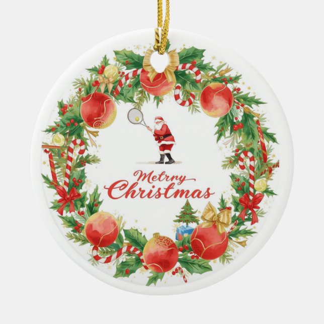Tennis Christmas with Santa Claus with ball wreath Ceramic Tree Decoration (Front)