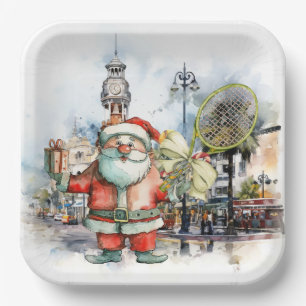 Tennis Christmas with Santa Claus with racket Paper Plate