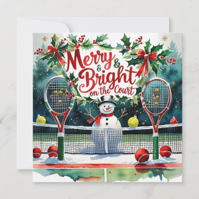 Tennis Christmas with Snowman on the court Holiday Card (Front)