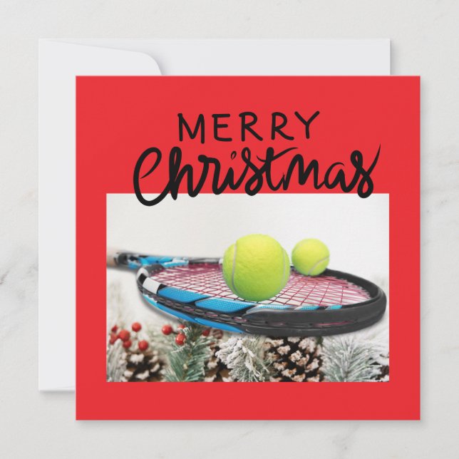 Tennis Christmas with tennis ball and racket Holiday Card (Front)