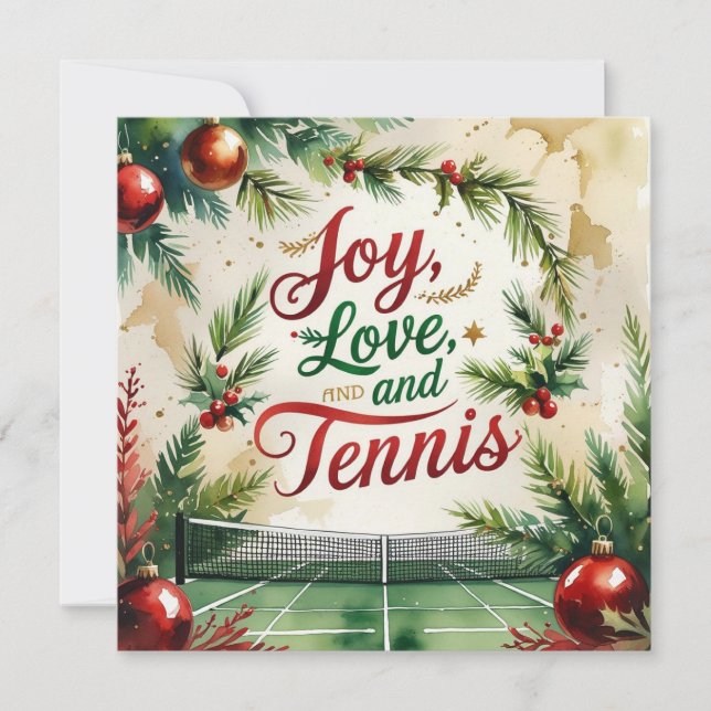 Tennis Christmas with tennis ball and racket Holiday Card (Front)