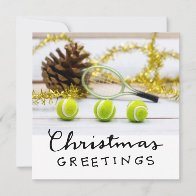 Tennis Christmas with tennis ball and racket Holiday Card (Front)