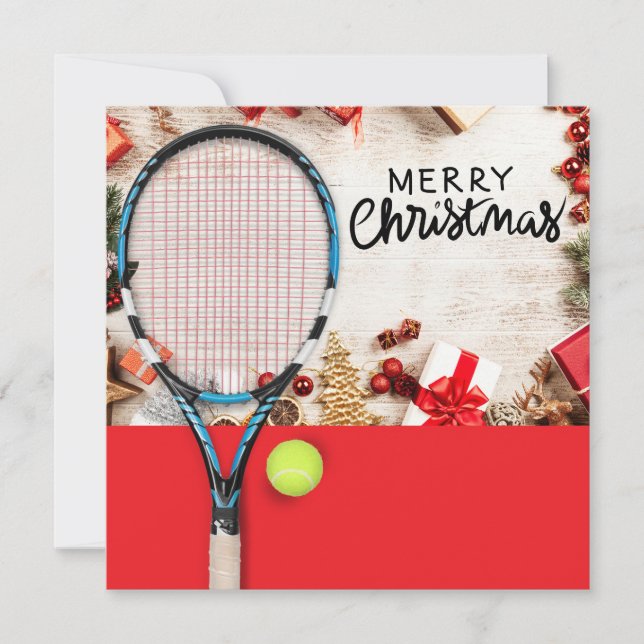 Tennis Christmas with tennis ball and racket Holiday Card (Front)