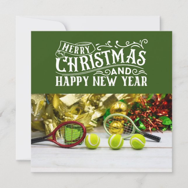 Tennis Christmas with tennis ball and racket Holiday Card (Front)