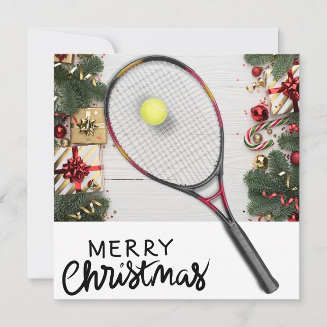 Tennis Christmas with tennis ball and racket Holiday Card (Front)