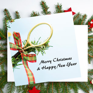 Tennis Christmas with tennis ball and racket Holiday Card