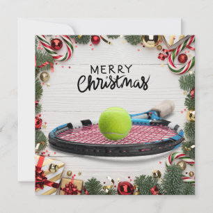 Tennis Christmas with tennis ball and racket Holiday Card