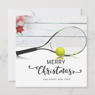 Tennis Christmas with tennis ball and racket Holiday Card