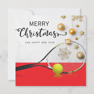 Tennis Christmas with tennis ball and racket Holiday Card