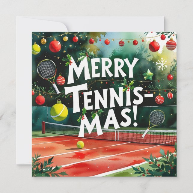Tennis Christmas with tennis ball and racket Holiday Card (Front)