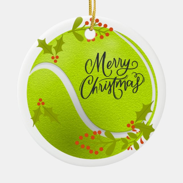 Tennis Christmas with tennis ball and Santa   Ceramic Tree Decoration (Front)
