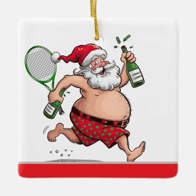 Tennis Christmas with tennis ball and Santa Claus  Ceramic Ornament (Front)