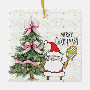 Tennis Christmas with tennis ball and Santa Claus  Ceramic Ornament