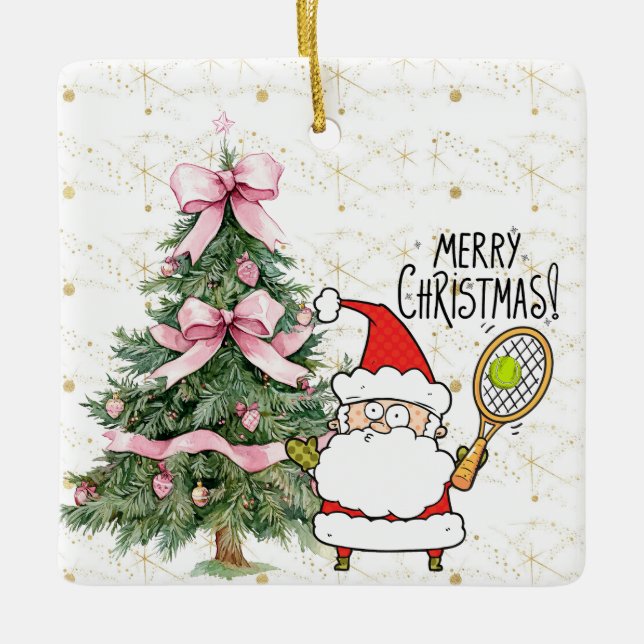 Tennis Christmas with tennis ball and Santa Claus  Ceramic Ornament (Front)