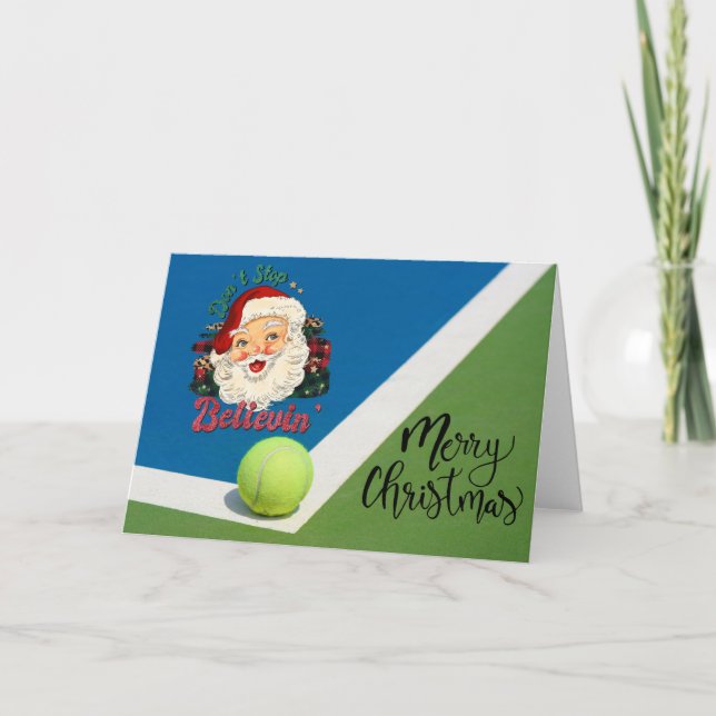 Tennis Christmas with tennis ball and Santa hat Holiday Card (Front)