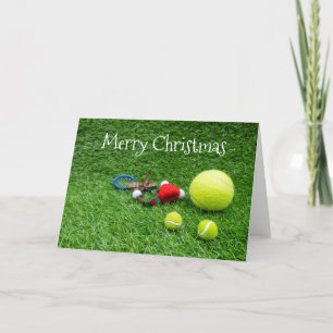 Tennis Christmas with tennis ball and Santa hat Holiday Card