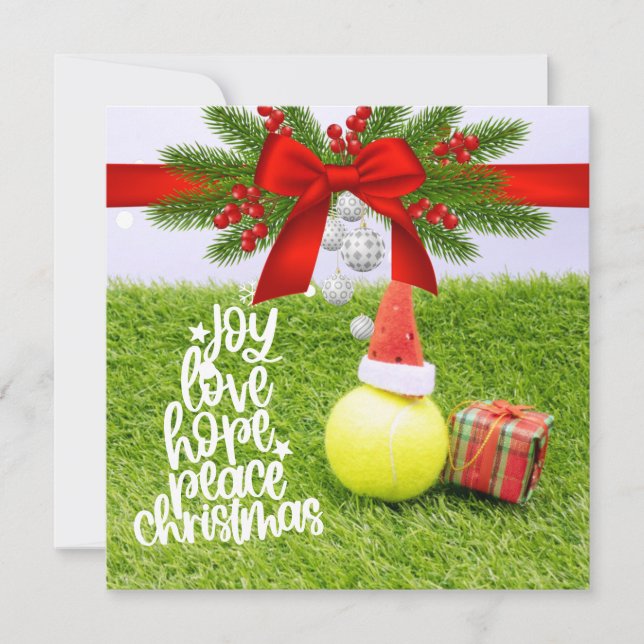 Tennis Christmas with tennis ball and Santa hat  Holiday Card (Front)