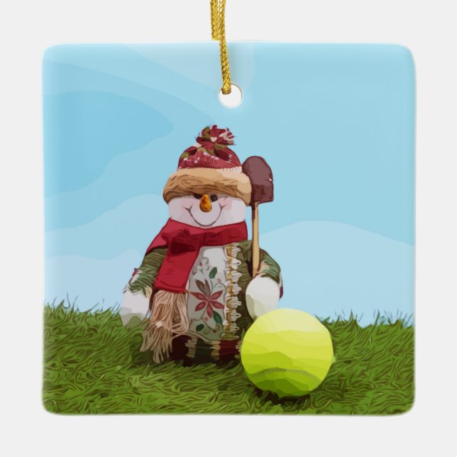 Tennis Christmas with tennis ball and Snowman Ceramic Ornament (Front)