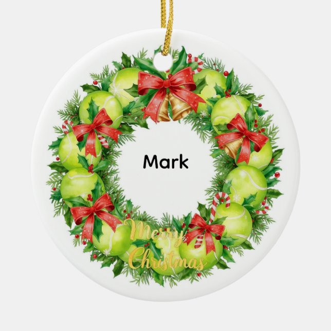 Tennis Christmas with tennis ball  Ceramic Tree Decoration (Front)