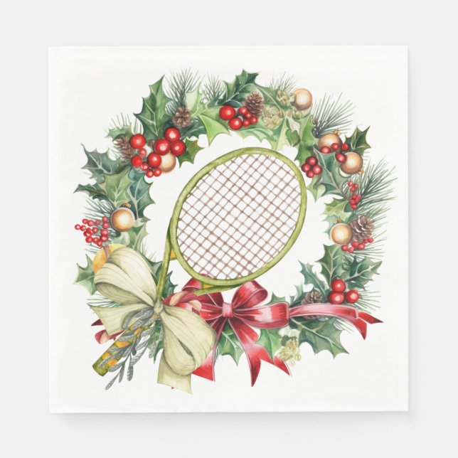 Tennis Christmas Wreath Watercolor Napkin (Front)