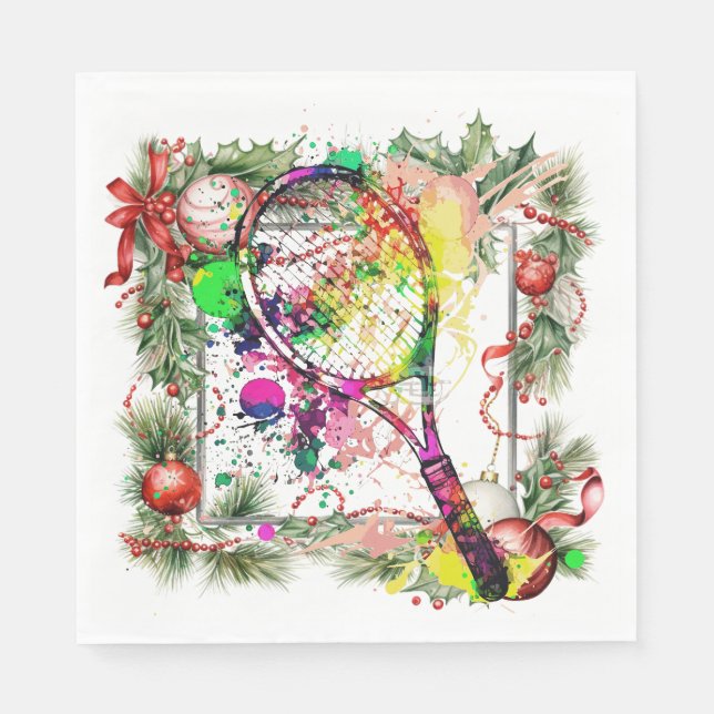 Tennis Christmas Wreath Watercolor Napkin (Front)
