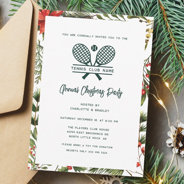 Tennis Club Greenery Red Berries Christmas Party Invitation (Tennis Country Club Annual Christmas Party Invitation)