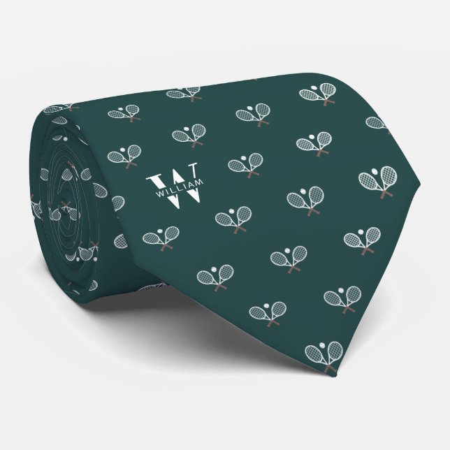 Tennis Clubs Monogram Name Dark Green Neck Tie (Rolled)