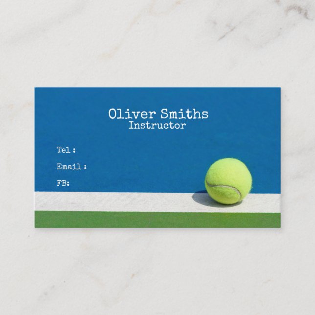 Tennis Coach Instructor with tennis ball on Blue Business Card (Front)