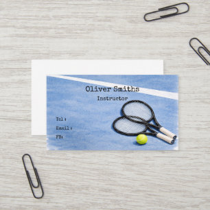 Tennis Coach Instructor with tennis ball on Blue Business Card