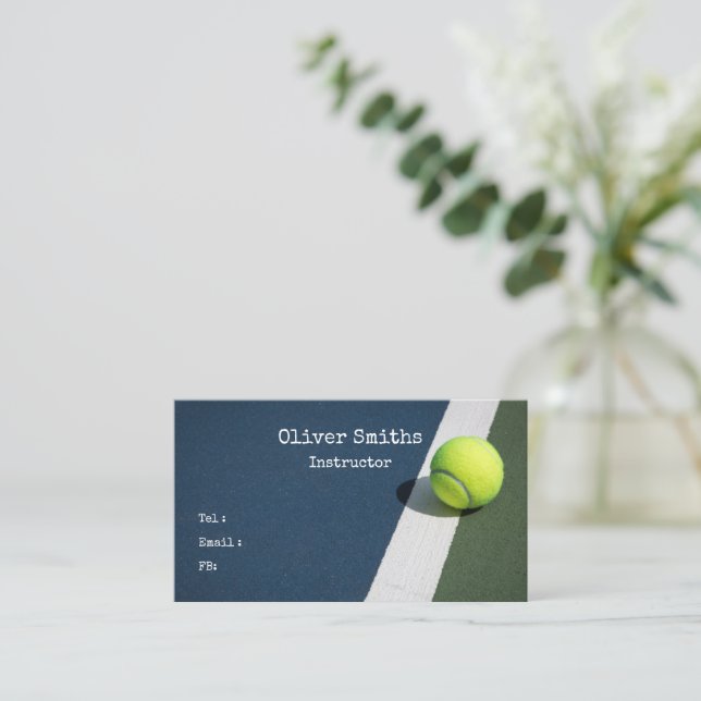 Tennis Coach Instructor with tennis ball on Blue  Business Card (Standing Front)