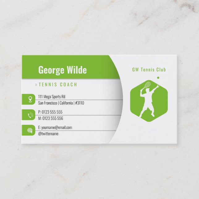 Tennis Coach | Male Tennis Player Green Business Card (Front)