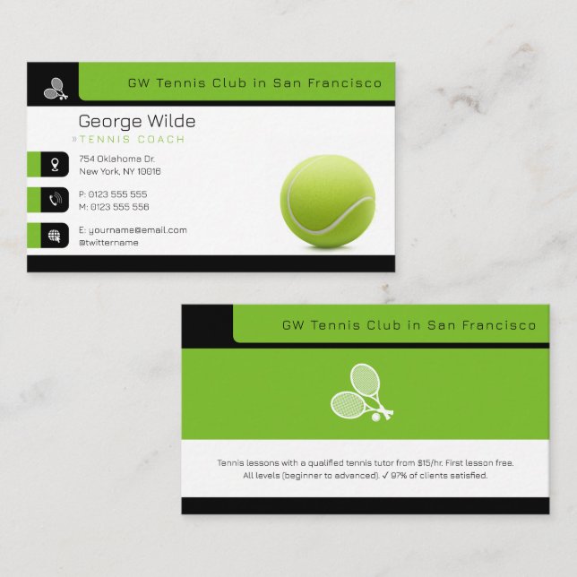 Tennis Coach | Male Tennis Player Green Business Card (Front/Back)