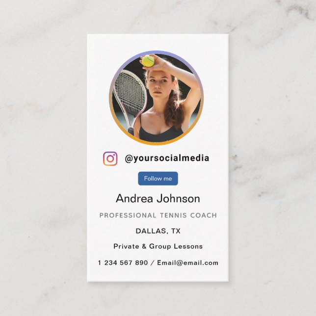 Tennis Coach Photo Social Media Profile Follow Business Card (Front)