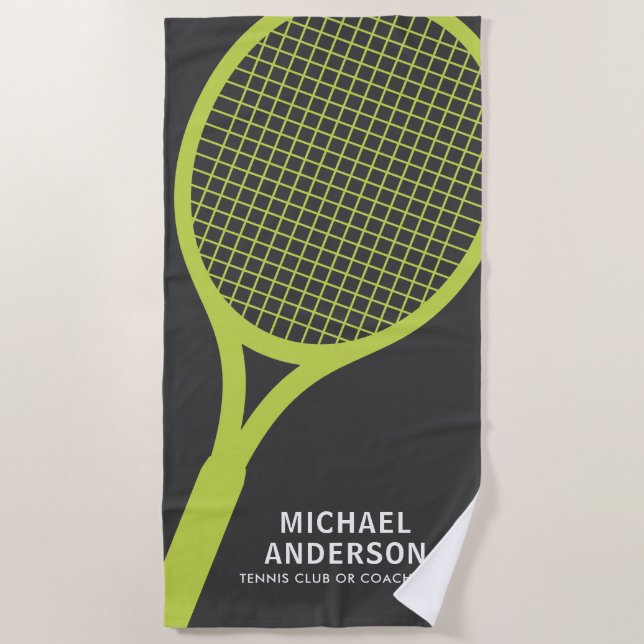 Tennis coach player racket personalised name club beach towel (Front)