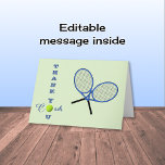 Tennis coach rackets modern sports thank you card<br><div class="desc">This card has crossed tennis rackets on the front and the message "THANK YOU COACH", with a tennis ball taking the place of the 'O' in YOU and COACH. The background is a pale green. Inside there is a bouncing tennis ball and the text is "I couldn't do it without...</div>
