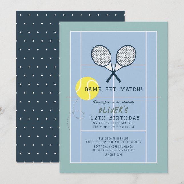 Tennis Court Racquet Blue Boy Birthday Invitation (Front/Back)